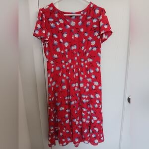 NWOT Talbots Women's 10 Red Floral Short Flutter Sleeve Flounce Hem Midi Dress